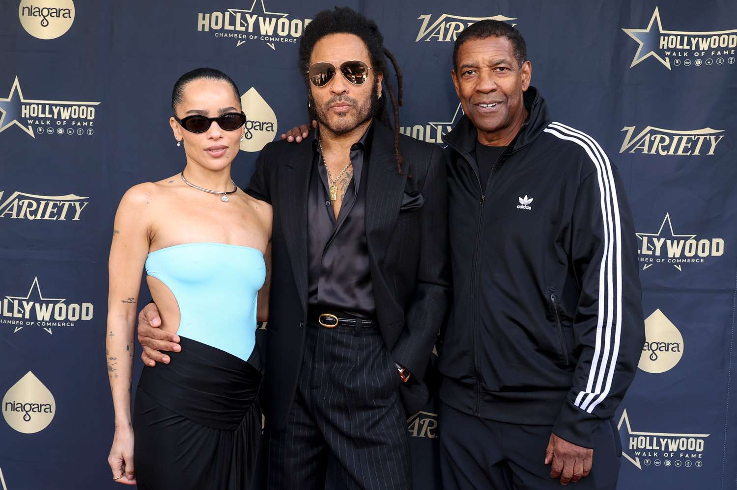 Zoe Kravitz, Lenny Kravitz and Denzel Washington at the star ceremony where Lenny Kravitz is honored with a star on the Hollywood Walk of Fame on March 12, 2024