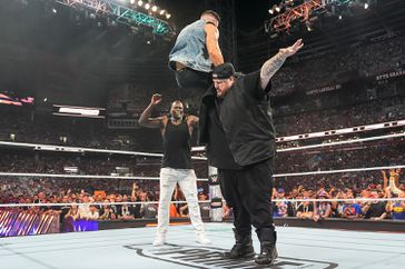 Jelly Roll chokeslams Austin Theory during SummerSlam at Cleveland Browns Stadium on August 3, 2024 in Cleveland, Ohio.