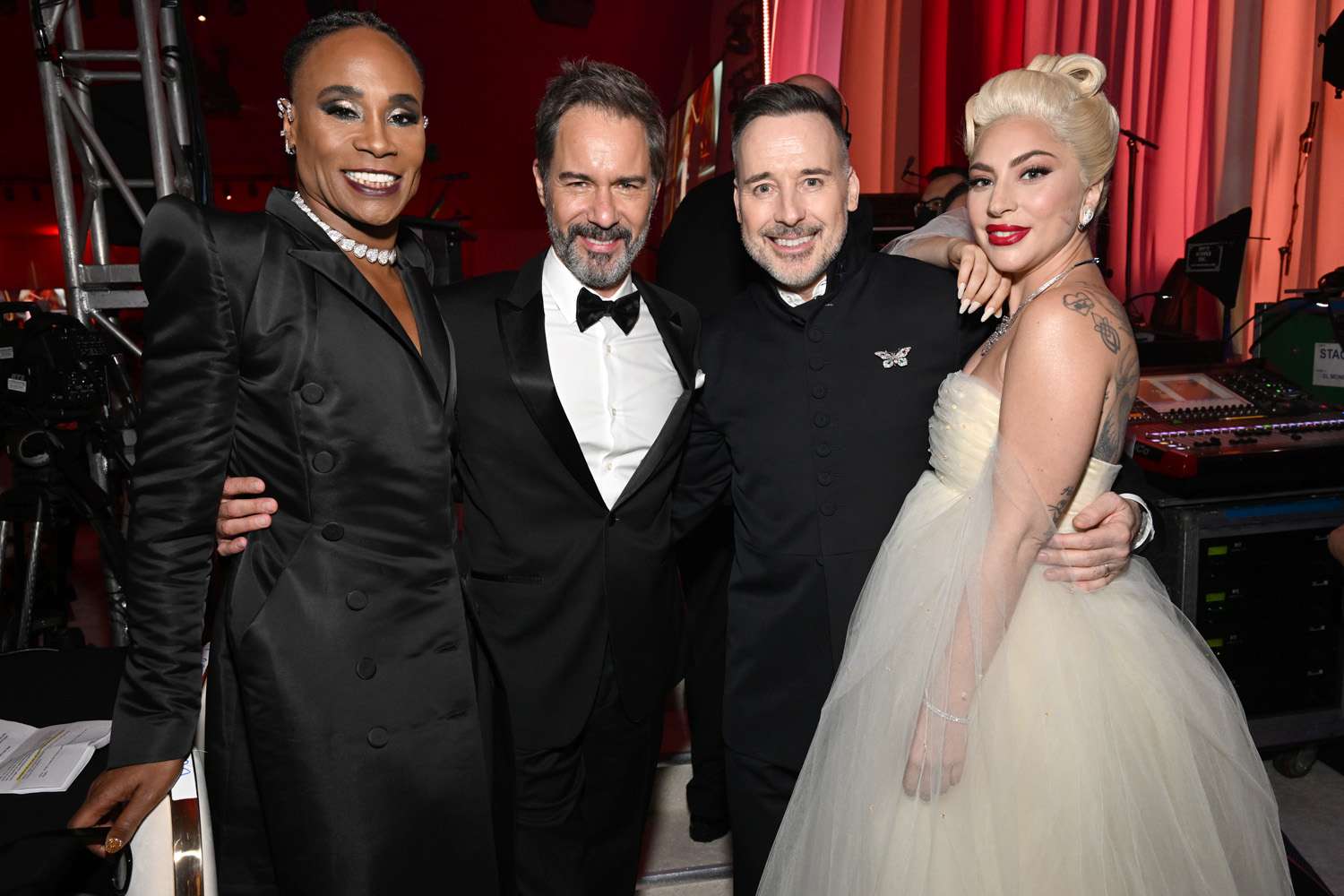 Billy Porter, Eric McCormack, David Furnish, Chairman of EJAF, and Lady Gaga attend the Elton John AIDS Foundation's 30th Annual Academy Awards Viewing Party