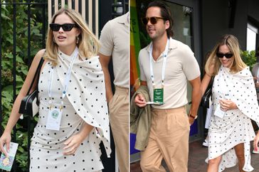 Margot Robbie attends day twelve of the Wimbledon Tennis Championships at the All England Lawn Tennis and Croquet Club; Tom Ackerley and Margot Robbie attend day twelve of the Wimbledon Tennis Championships at the All England Lawn Tennis and Croquet Club