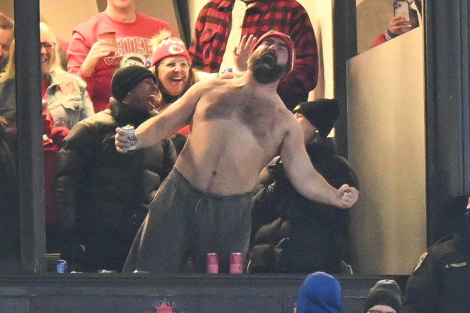 Jason Kelce #62 of the Philadelphia Eagles celebrates after the Kansas City Chiefs score a touchdown during the first half of the AFC Divisional Playoff game against the Buffalo Bills at Highmark Stadium on January 21, 2024 in Orchard Park, New York