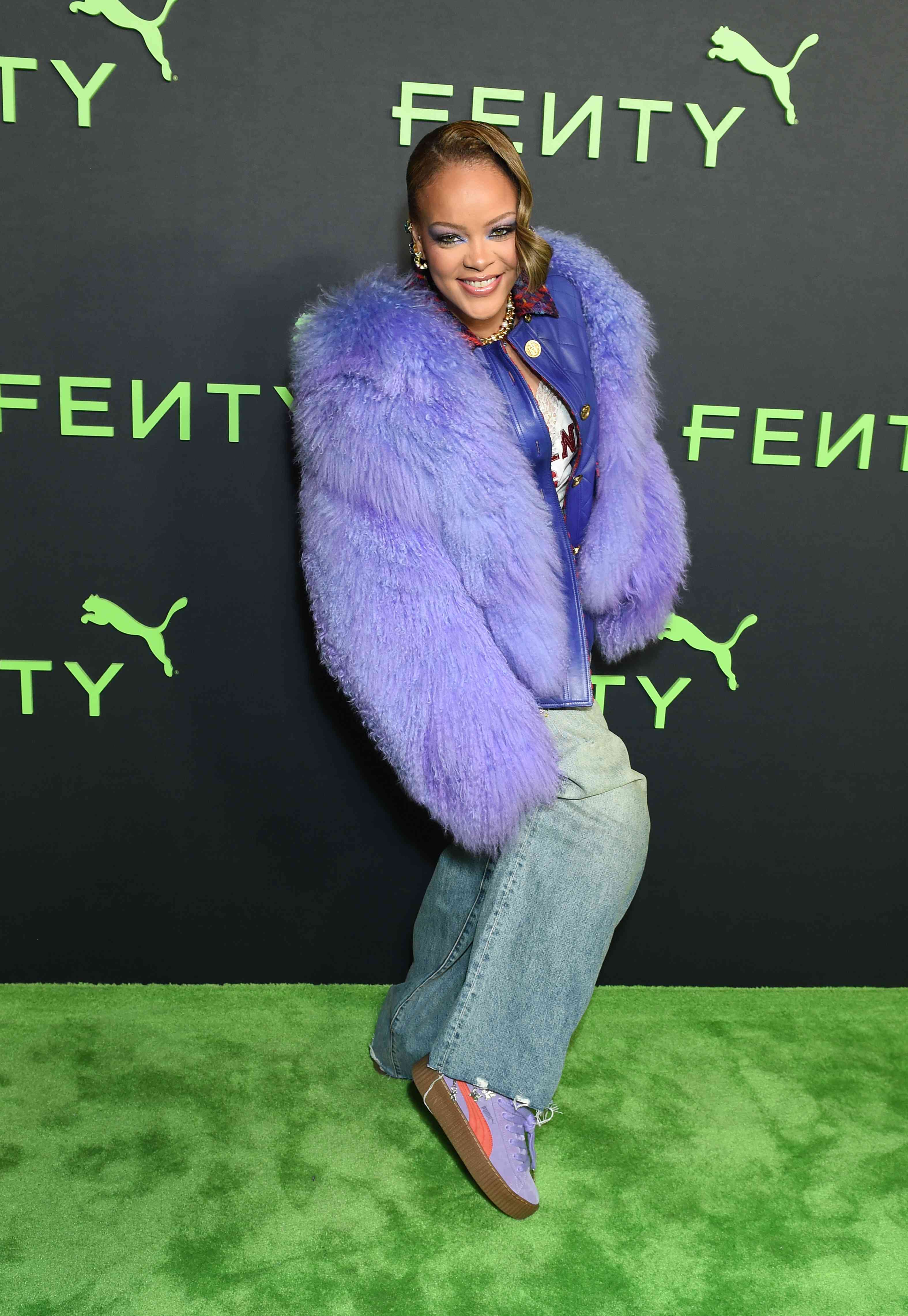 rihanna purple fluffy coat jacket fenty puma los angeles 12 18 23