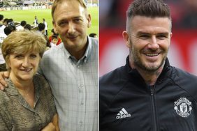 Sandra and Ted Beckham at the 2002 World Cup. ; David Beckham prior to the Manchester United '99 Legends v FC Bayern Legends match in 2019.