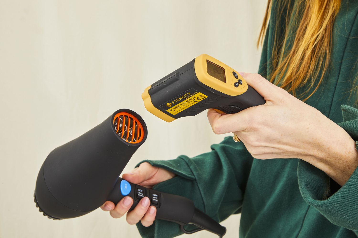 Closeup of a person using a noise testing device on BaBylissPRO Porcelain Ceramic Carrera2 Dryer