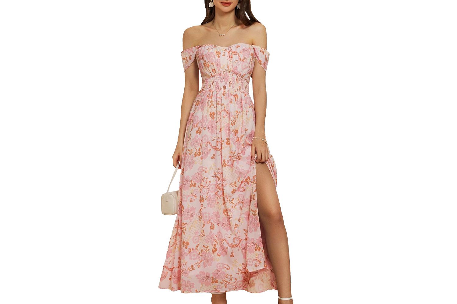 GRACE KARIN 2024 Women's Summer Floral Print Flowy A Line Dresses Sleeveless Smocked Off Shoulder Maxi Dress