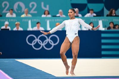 Jordan Chiles of USA performs during the Women's Floor Exercise Final on day ten of the Olympic Games Paris 2024 at Bercy Arena on August 5, 2024 in Paris, France.