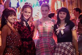 Riverdale -- “Chapter One Hundred and Nineteen: SKIP, HOP AND THUMP” -- Image Number: RVD702a_BTS_0335r -- Pictured (L - R): Vanessa Morgan as Toni Topaz, Madelaine Petsch as Cheryl Blossom, Lili Reinhart as Betty Cooper and Camila Mendes as Veronica Lodge -- Photo: Bettina Strauss/The CW -- © 2023 The CW Network, LLC. All Rights Reserved.
