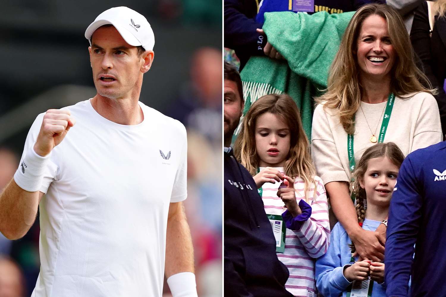 Andy Murray reacts during the gentlemen's doubles match against Rinky Hijikata and John Peers on day four of the 2024 Wimbledon Championships on July 4, 2024. ; Kim Murray and kids on day four of the 2024 Wimbledon Championships on July 4, 2024. 