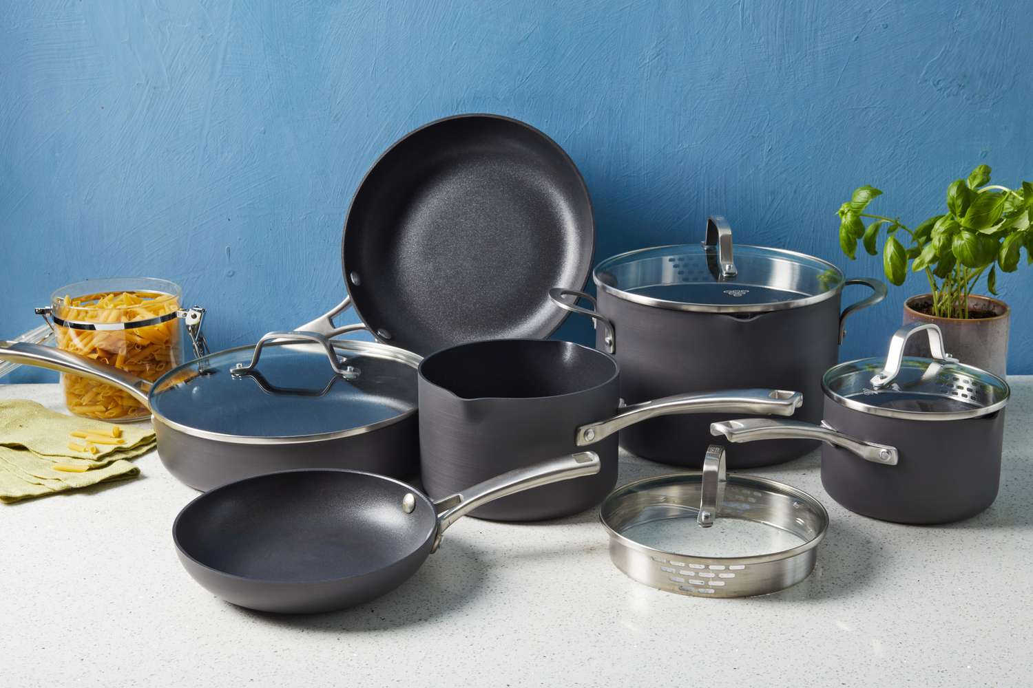 Calphalon Classic Hard-Anodized Nonstick 10-Piece Cookware Set displayed on countertop