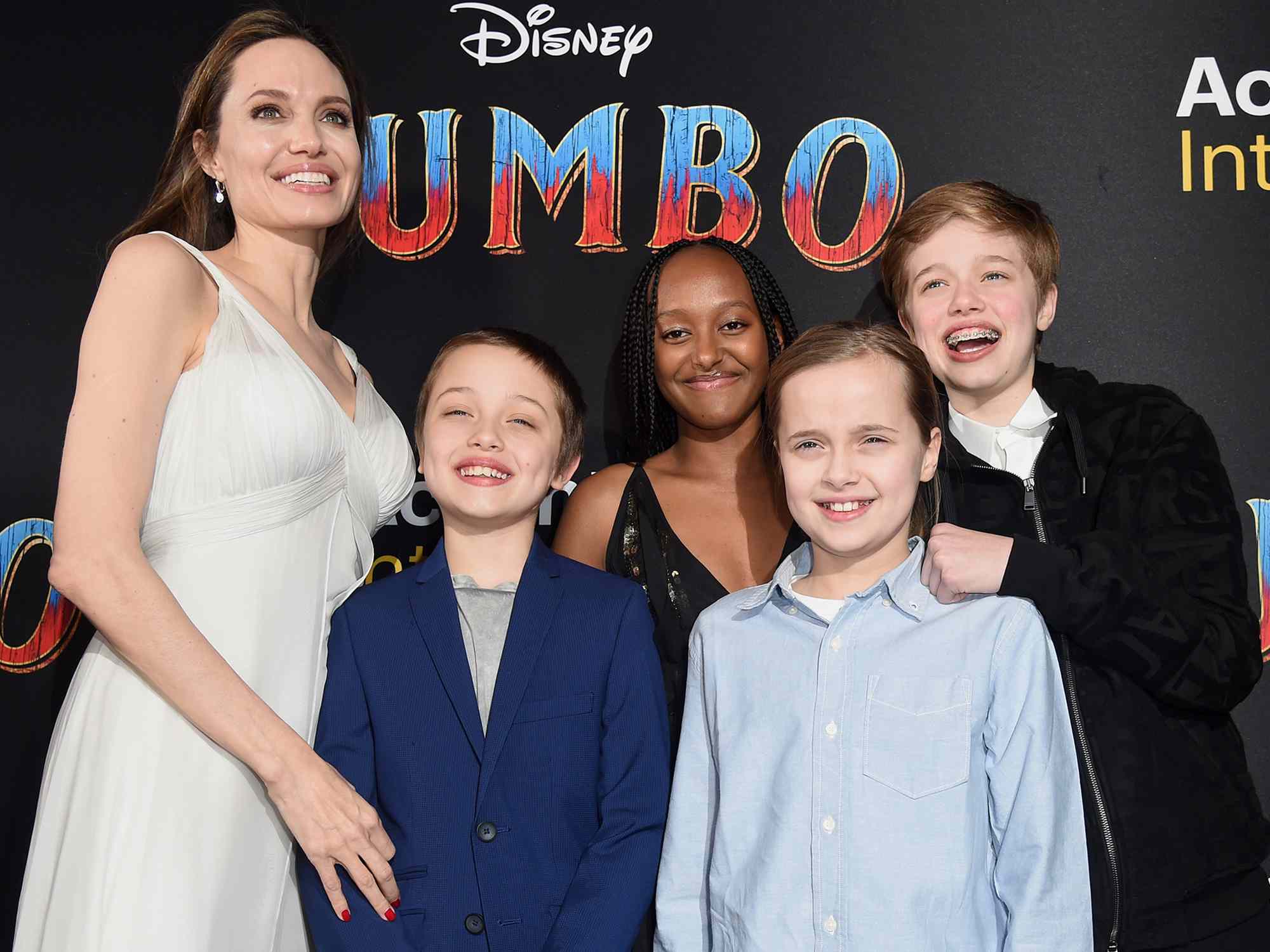 Angelina Jolie, Knox Leon Jolie-Pitt, Zahara Marley Jolie-Pitt, Vivienne Marcheline Jolie-Pitt, and Shiloh Nouvel Jolie-Pitt attend the premiere of Disney's "Dumbo" on March 11, 2019 in Los Angeles, California. 