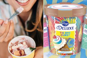 Beautiful and happy brown hair woman enjoying in eating delicious handmade rolled ice cream.; Kroger Ice Cream Pints