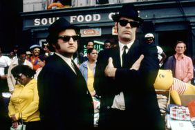 American actor John Belushi and Canadian actor and screenwriter Dan Aykroyd on the set of The Blues Brothers directed by John Landis. 