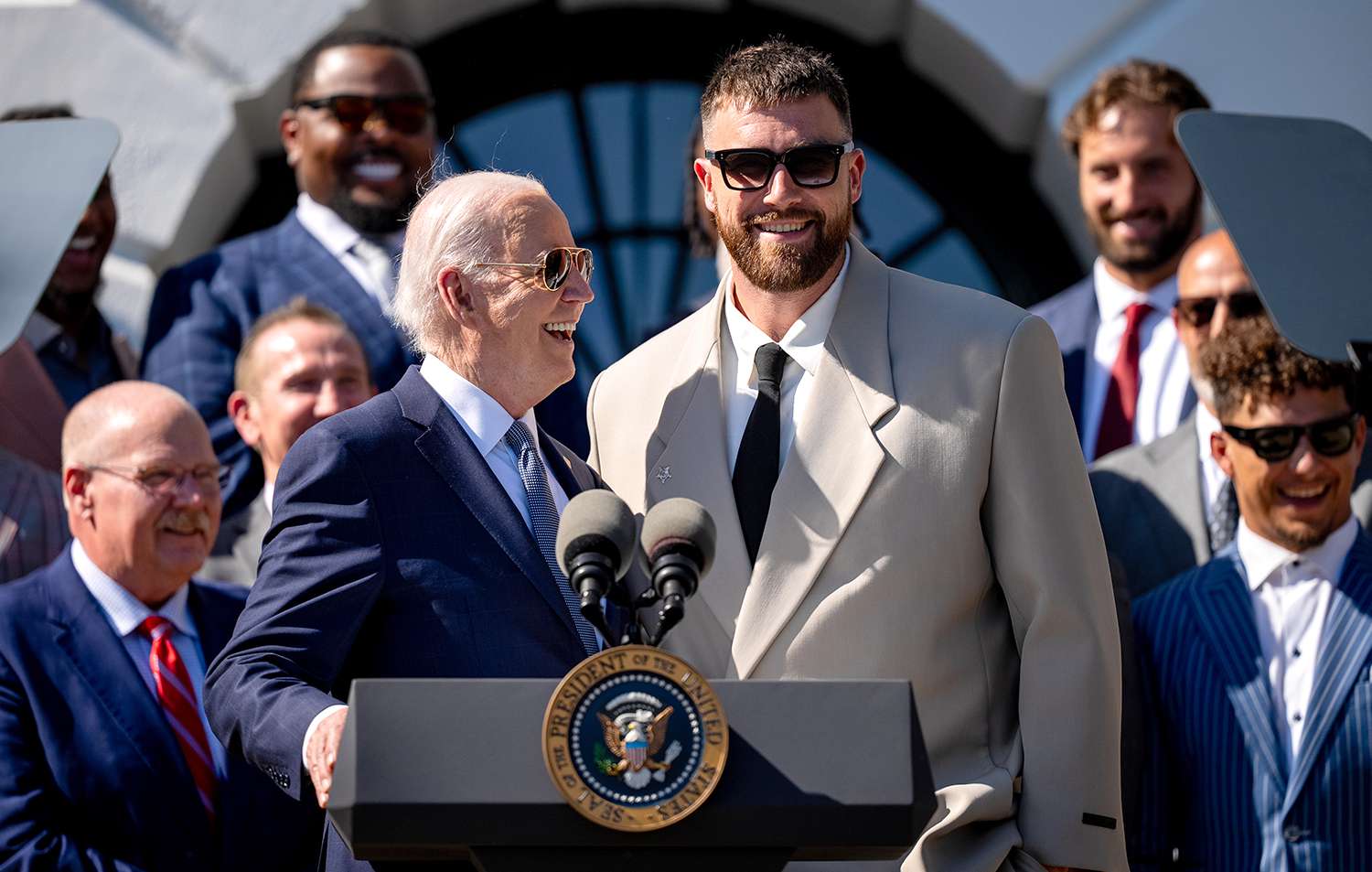 U.S. President Joe Biden invites tight end Travis Kelce of the Kansas City Chiefs to speak during an event on the South Lawn of the White House on May 31, 2024 in Washington, DC.