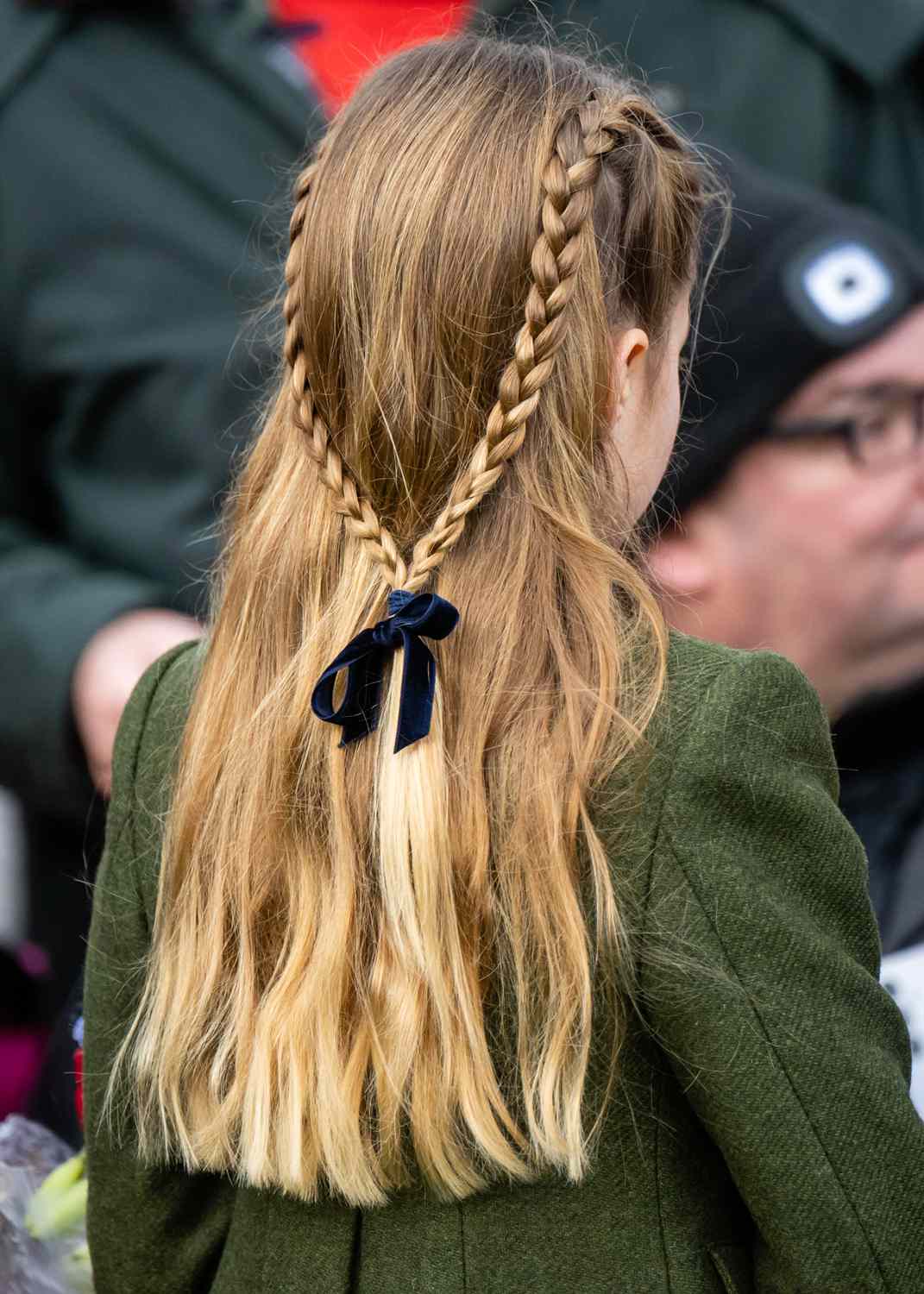 Princess Charlotte of Wales, hair detail, attends the Christmas Morning Service at Sandringham Church on December 25, 2023