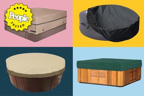 Four of the best hot tub covers, each on a different color background, with a People Tested badge.