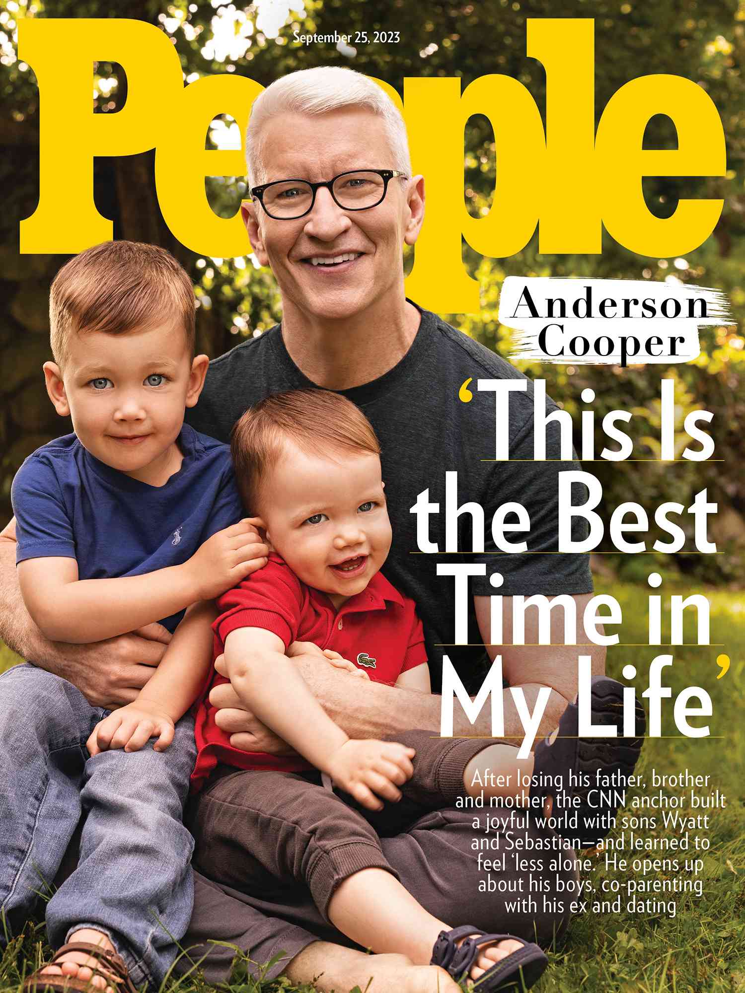 Anderson Cooper and sons Wyatt (older) and Sebastian with ex-partner Benjamin Maisani photographed at home in Bantam, CT on September 4, 2023.