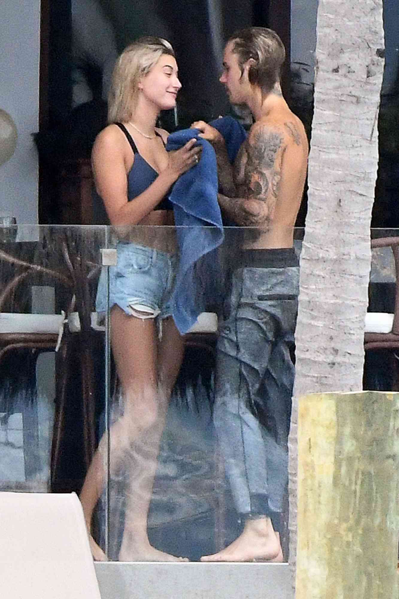 On-again couple Justin Bieber and Hailey Baldwin put on a shirtless public display of affection in Miami