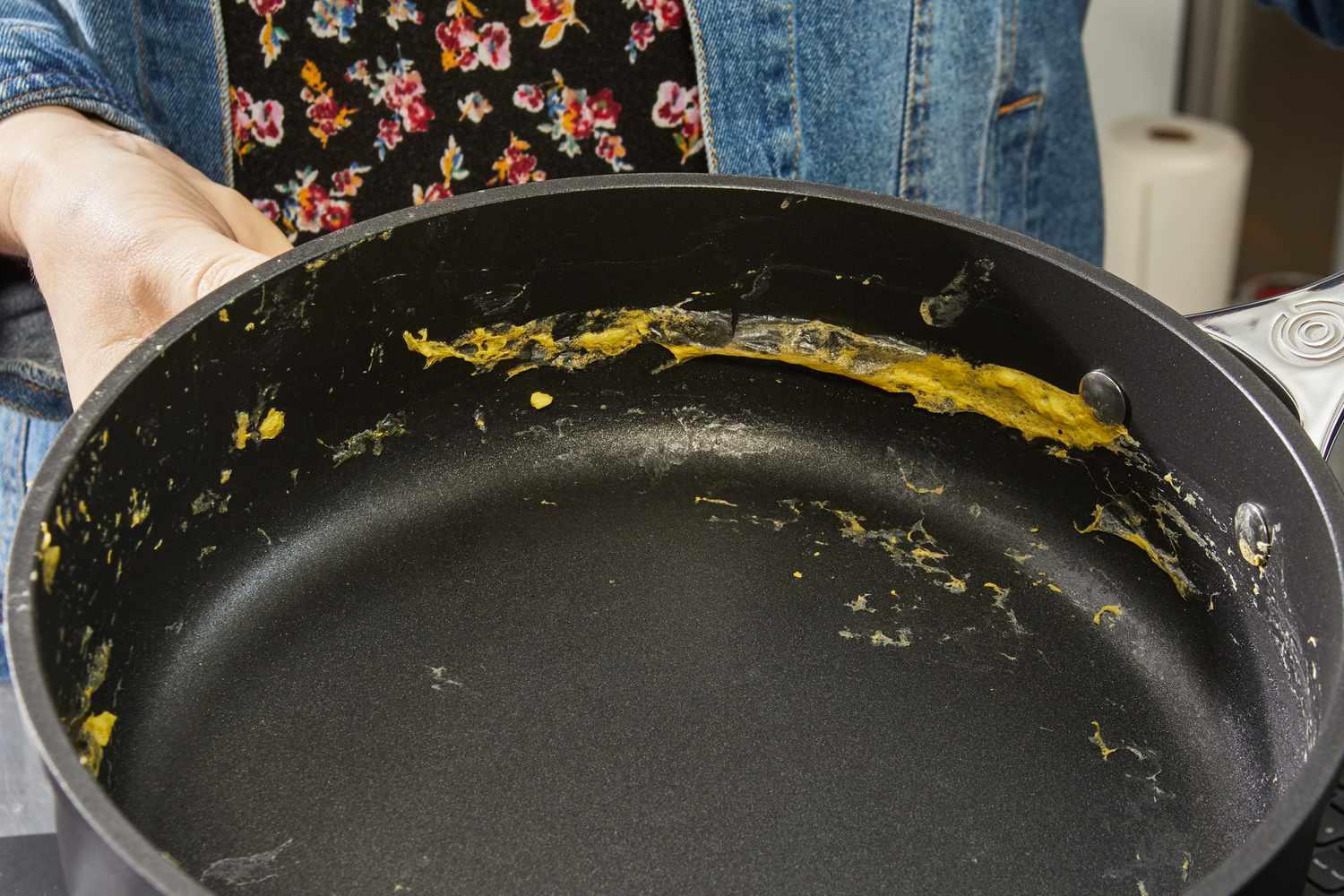 Le Creuset Toughened Nonstick Pro frying pan with cooked egg residue 