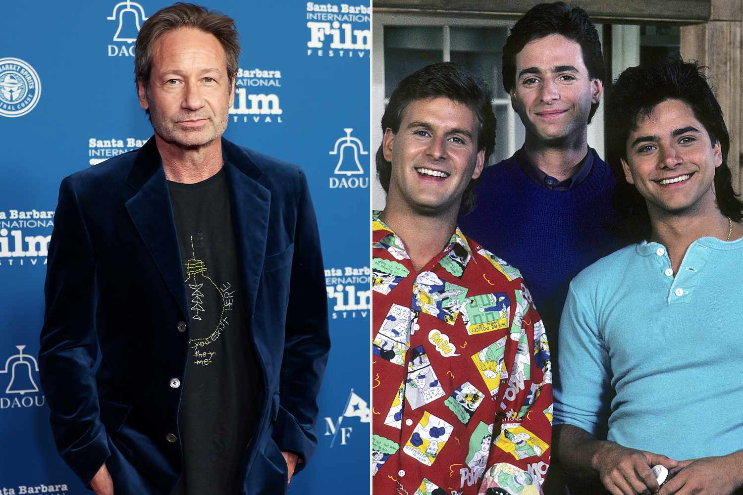 David Duchovny; Joey Gladstone (Dave Coulier), Danny Tanner (Bob Saget), and Jesse Katsopolis (John Stamos) in Full House