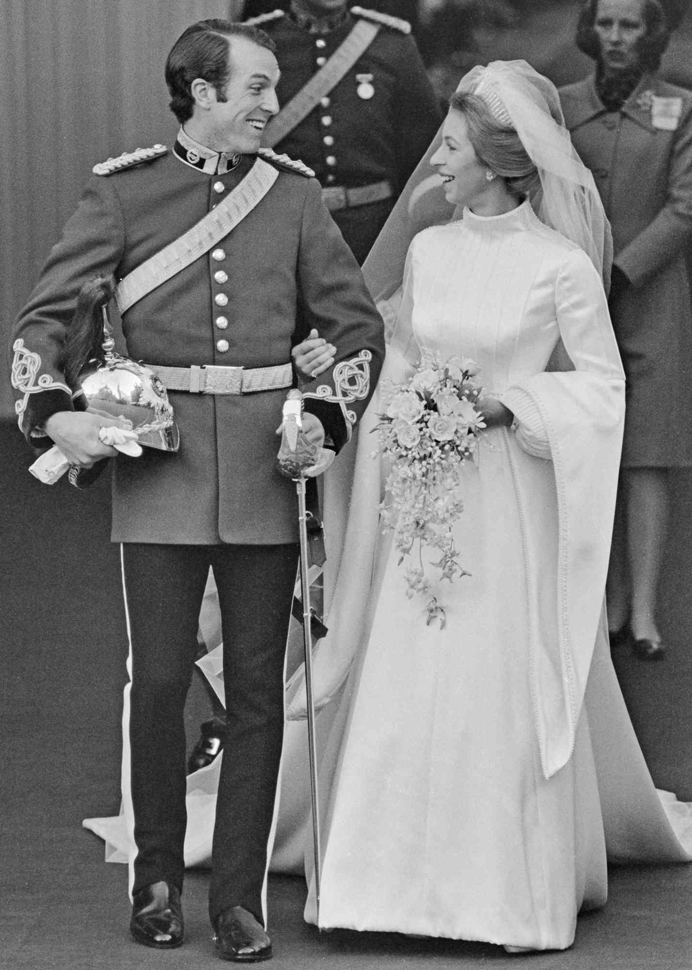 Princess Anne and Mark Phillips after their wedding ceremony at Westminster Abbey in London, UK, 14th November 1973