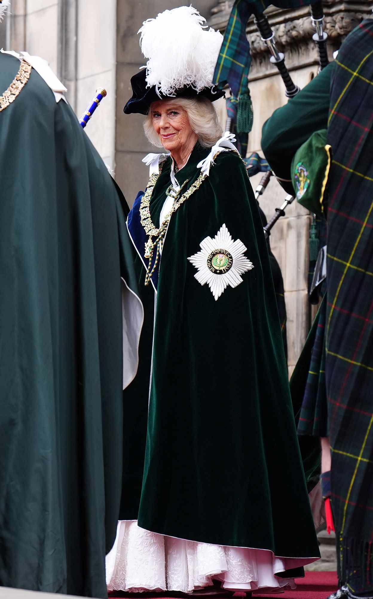  Queen Camilla leaves after the Order of the Thistle Service at St Giles' Cathedral on July 3, 2024 in Edinburgh, Scotland.