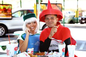 Sarah Hyland and Wells Adams, in costume as Seemingly Ranch and Ketchup, Kick off Halloween at SONIC with the New Trick or Treat Blast Desserts at SONIC Drive-In Restaurant on October 16, 2023 in Duarte, California. 