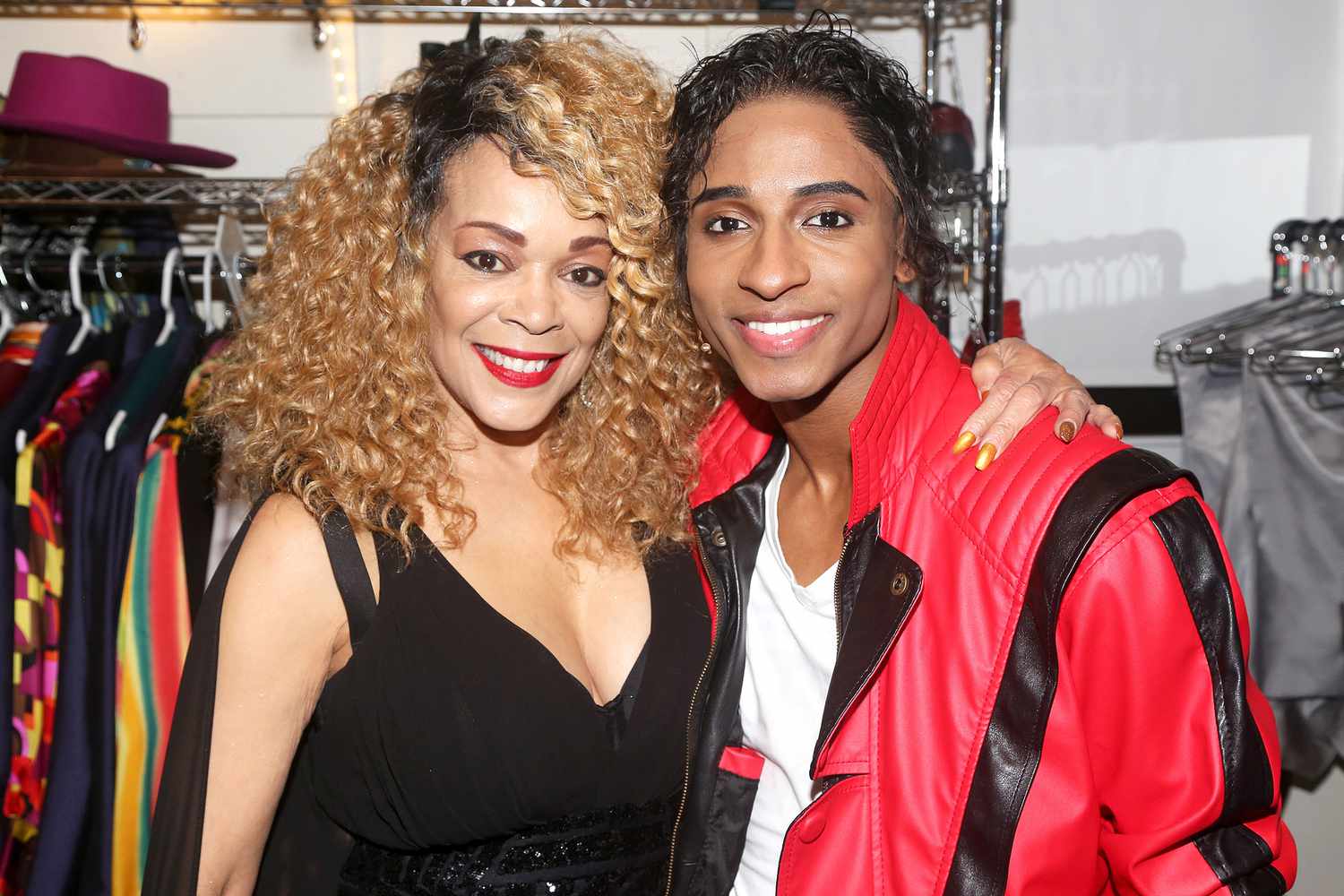 Ola Ray and Tony Winner Myles Frost as "Michael Jackson" pose backstage at the hit Michael Jackson musical "MJ" on Broadway at The Neil Simon Theater on October 31, 2022 in New York City. Ola Ray played the girlfriend of Michael Jackson in the short film/music video "Thriller"