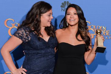 Gina Rodriguez and her sister Ivelisse Rodriguez pose in the press room during the 72nd Annual Golden Globe Awards on January 11, 2015 in Beverly Hills, California. 