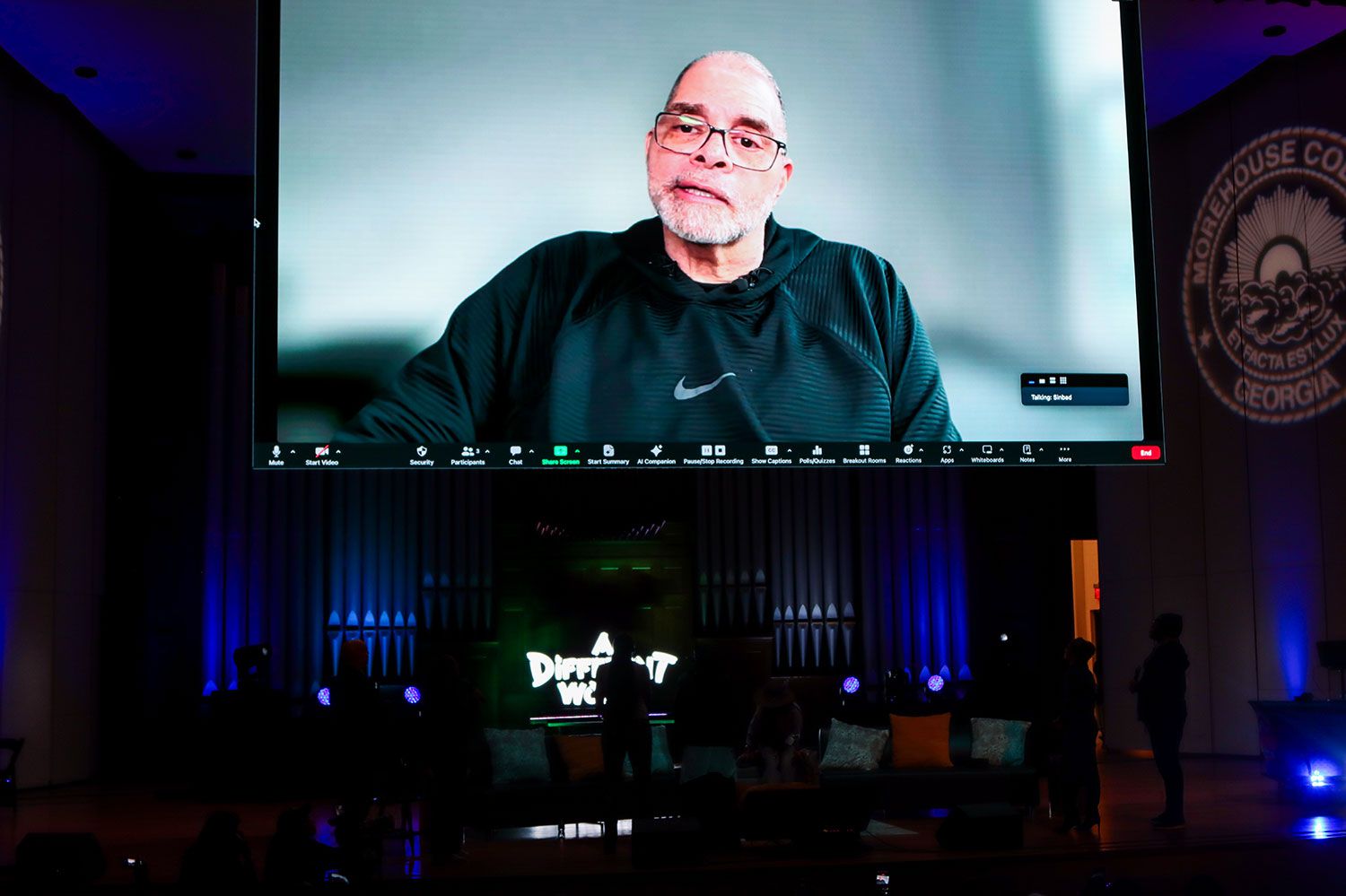 ATLANTA, GEORGIA - FEBRUARY 29: Sinbad speaks with audience via video conferencing at A Different World HBCU College Tour 2024 at Martin Luther King Jr. International Chapel at Morehouse College on February 29, 2024 in Atlanta, Georgia. 