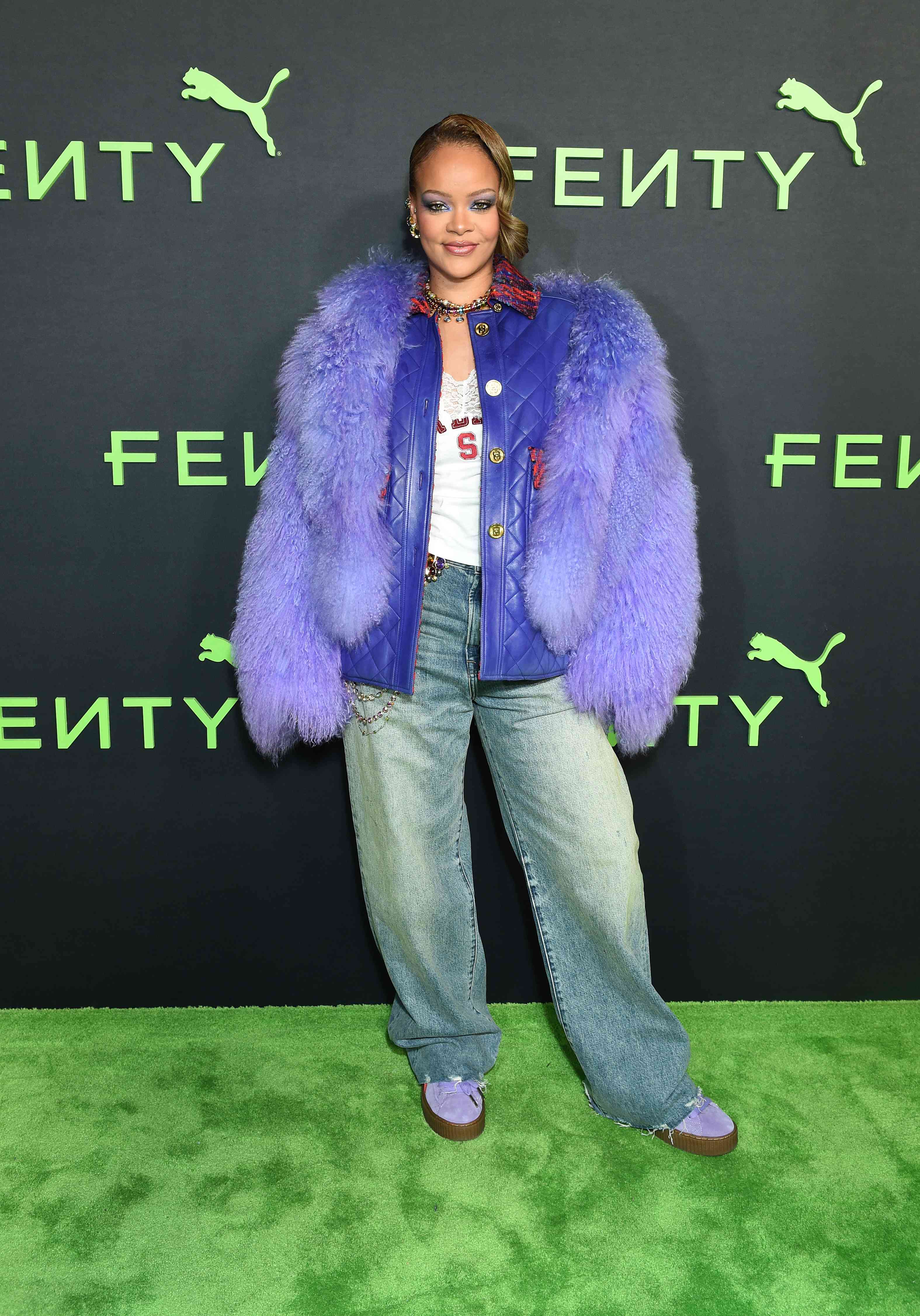 rihanna purple fluffy coat jacket fenty puma los angeles 12 18 23