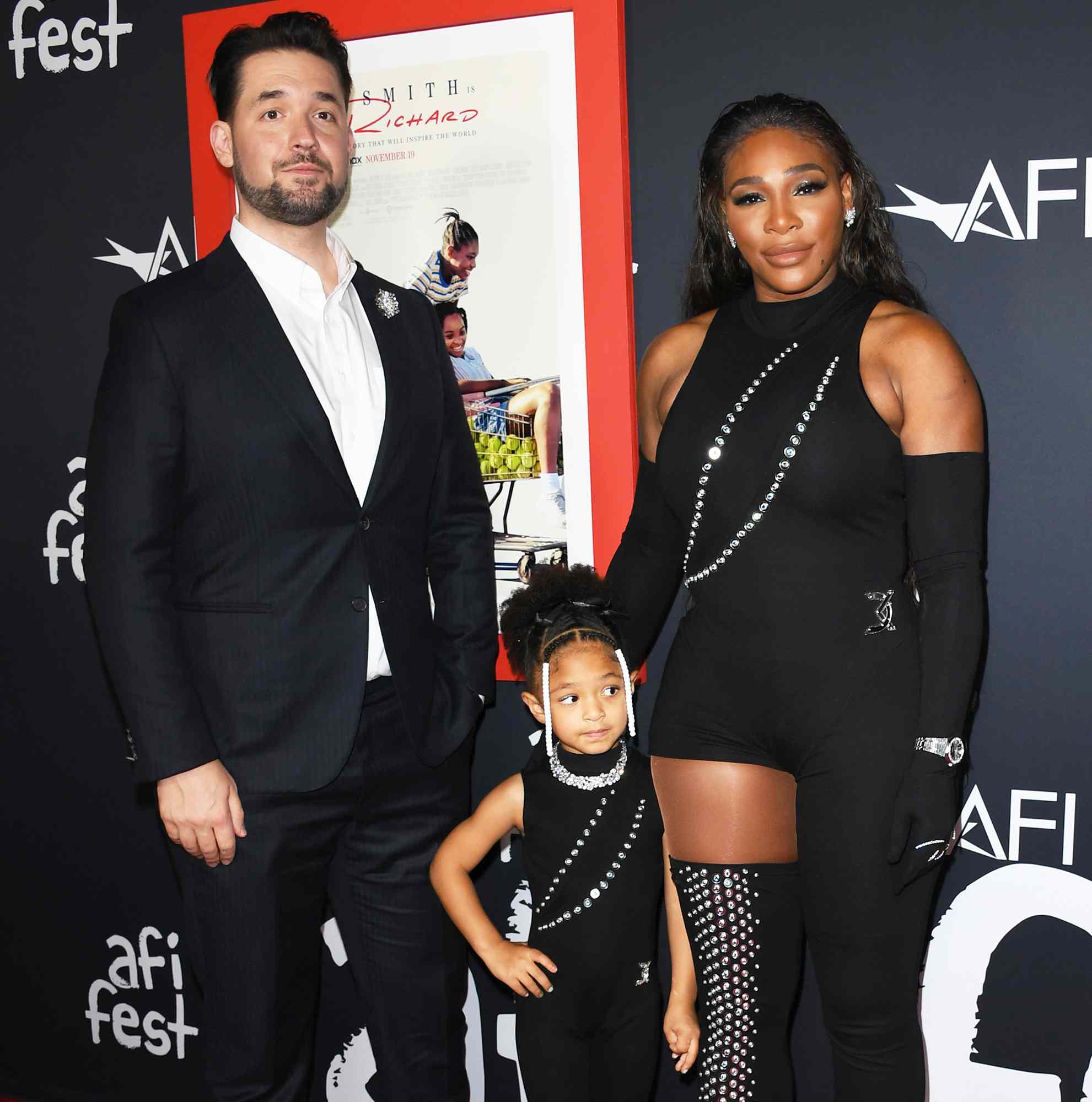 Alexis Ohanian, Olympia Ohanian Jr, and Serena Williams attend the 2021 AFI Fest: Closing Night Premiere Of Warner Bros. "King Richard" at TCL Chinese Theatre on November 14, 2021 in Hollywood, California