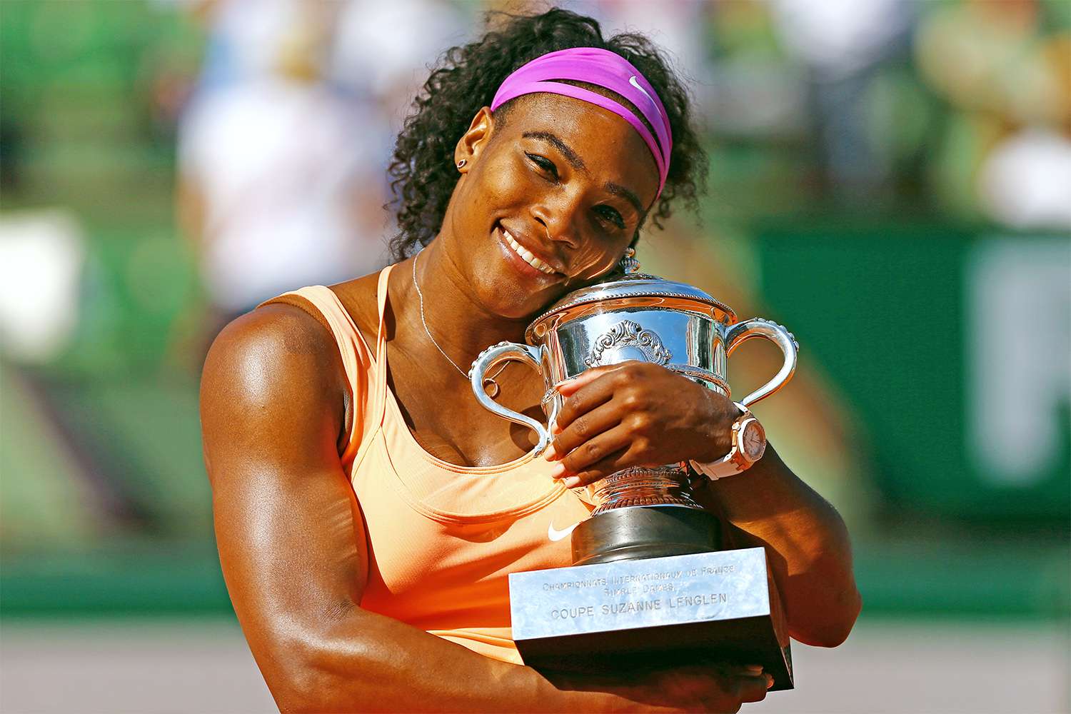 PARIS, FRANCE - JUNE 06: Serena Williams of the United States poses with the Coupe Suzanne Lenglen trophy after winning the Women's Singles Final against Lucie Safarova of Czech Republic on day fourteen of the 2015 French Open at Roland Garros on June 6, 2015 in Paris, France. (Photo by Dan Istitene/Getty Images)