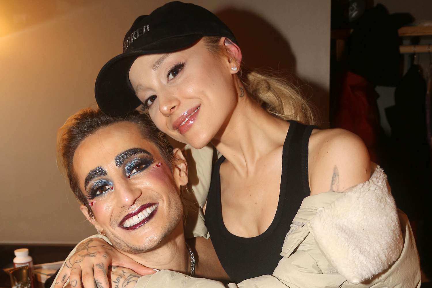 Frankie Grande as "Frank-N-Furter" and sister Ariana Grande pose backstage at the opening night of "The Rocky Horror Show" at The Bucks County Playhouse on October 13, 2023