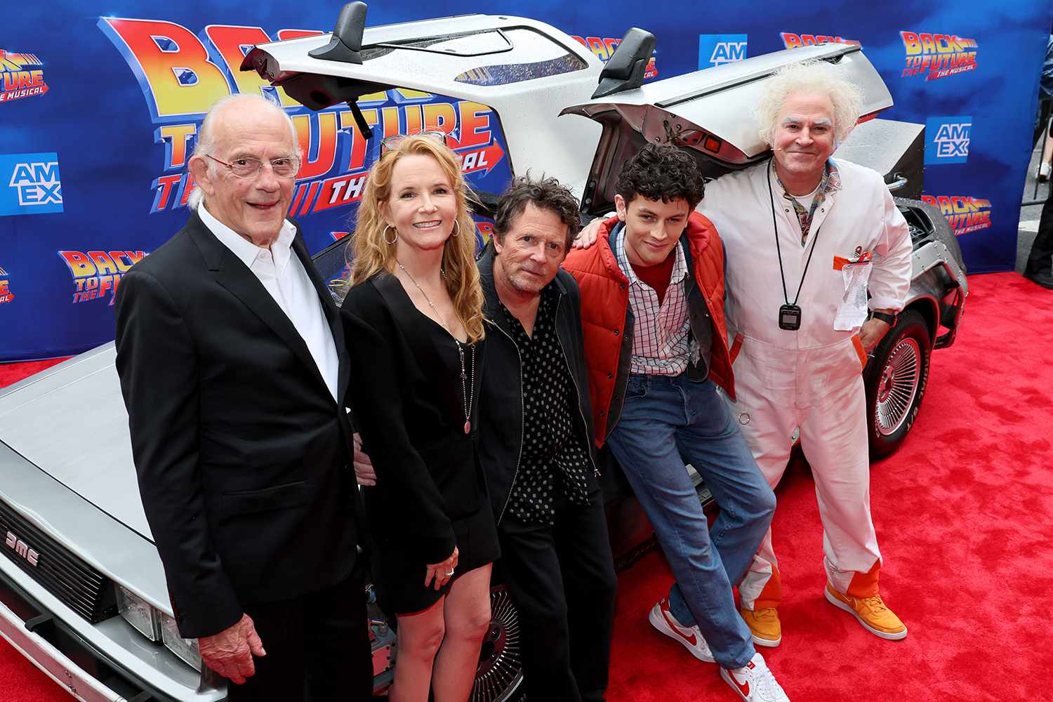 Christopher Lloyd, Lea Thompson, Michael J. Fox, Casey Likes, and Roger Bart attend the "Back To The Future: The Musical" Gala Performance