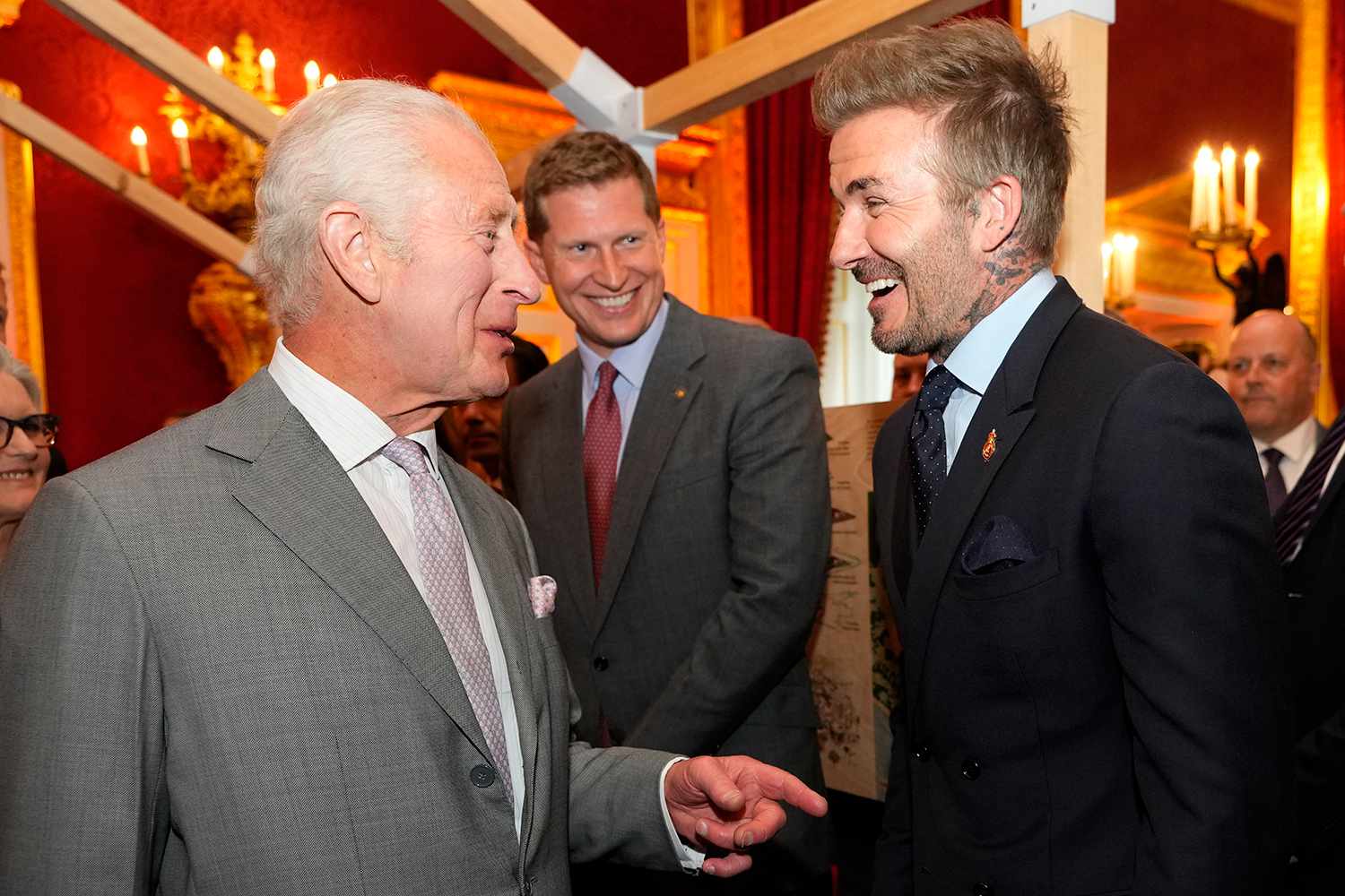 King Charles III (L), speaks to former footballer David Beckham as they attend the inaugural King's Foundation charity awards at St James's Palace on June 11, 2024 in London, England. 