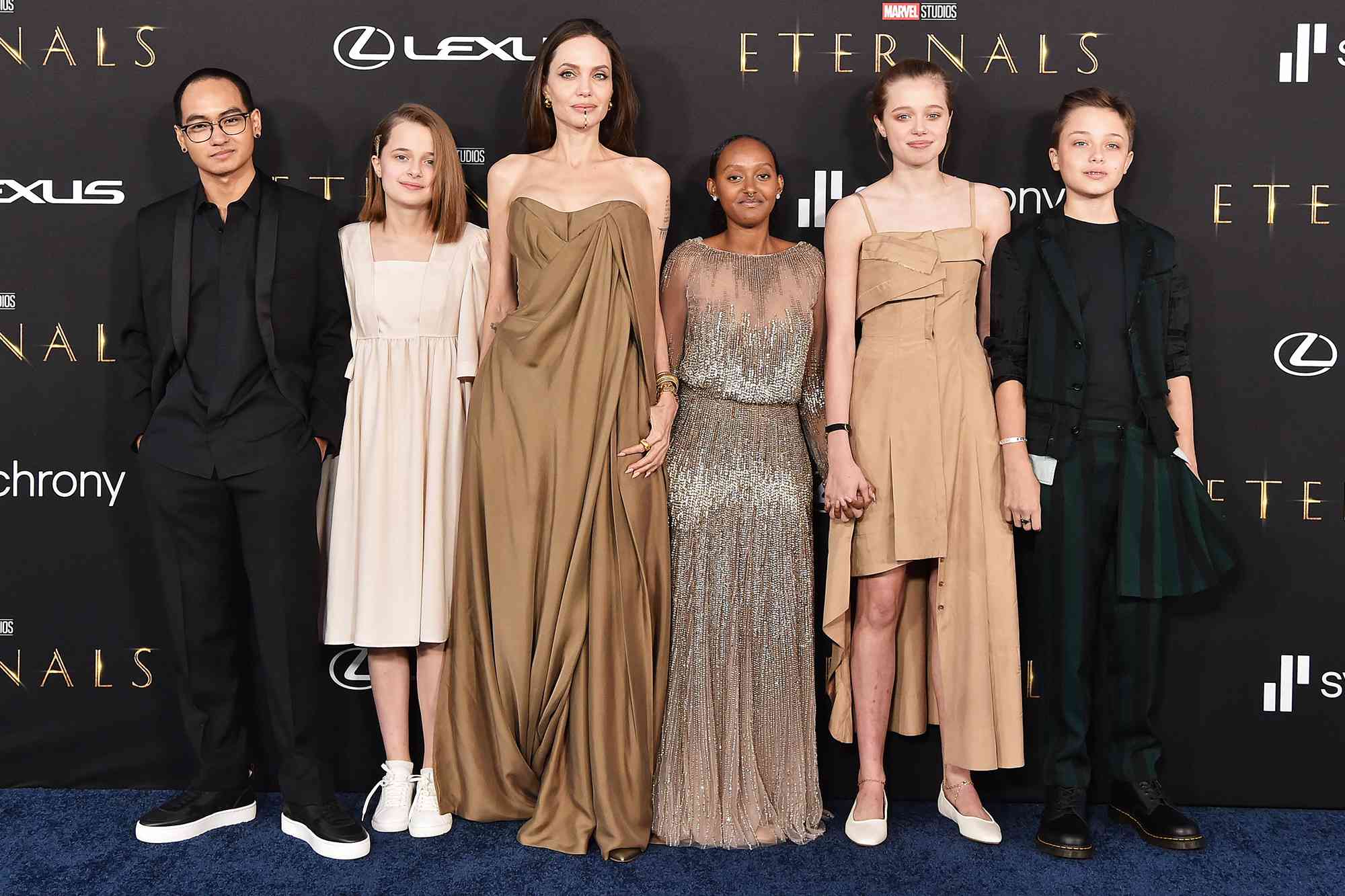 Maddox Jolie-Pitt, Vivienne Jolie-Pitt, Angelina Jolie, Knox Jolie-Pitt, Shiloh Jolie-Pitt, and Zahara Jolie-Pitt attend the Los Angeles Premiere of Marvel Studios' "Eternals" on October 18, 2021 in Los Angeles, California.