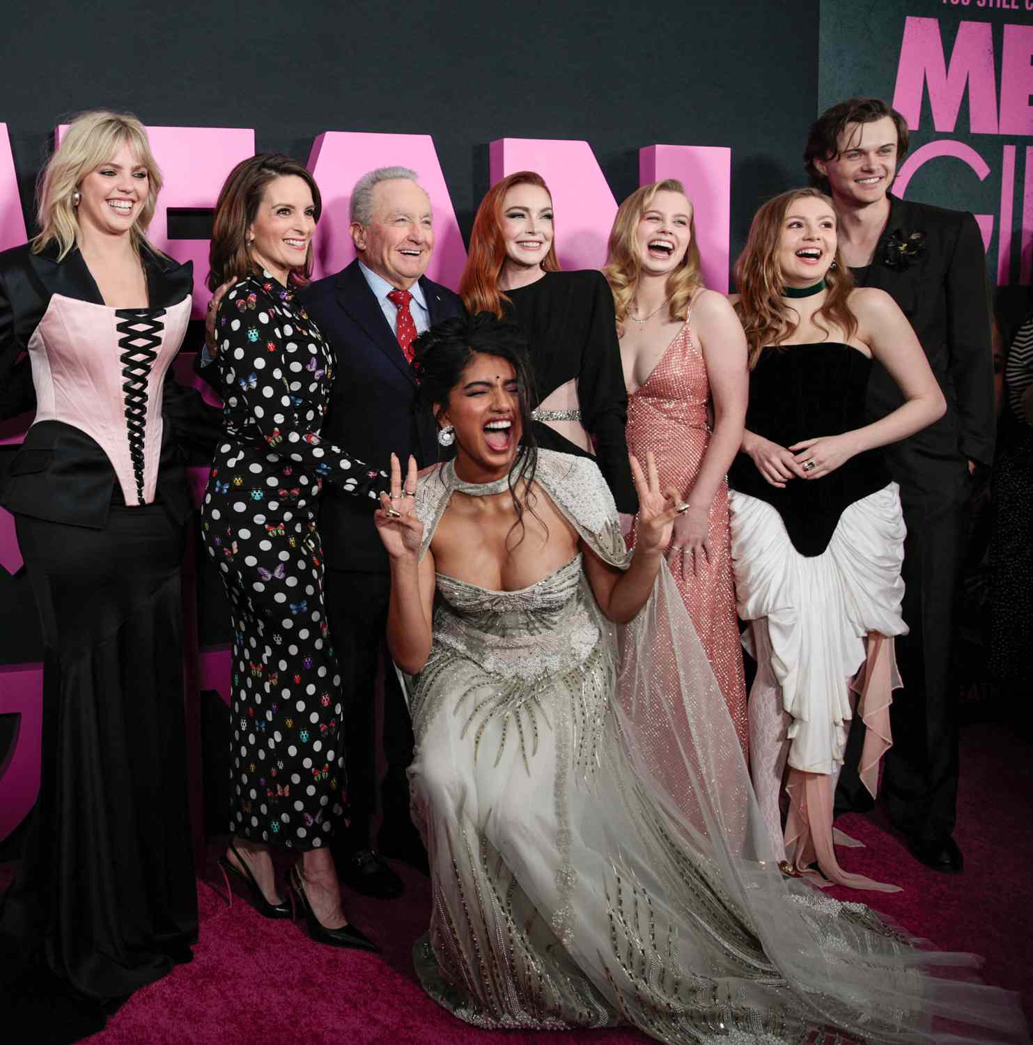 Renee Rapp, Tina Fey, Lorne Michaels, Avantika Vandanapu, Lindsay Lohan, Angourie Rice, Bebe Wood and Christopher Briney arrive for the premiere of Paramount Pictures' "Mean Girls" at AMC Lincoln Square in New York on January 8, 2024