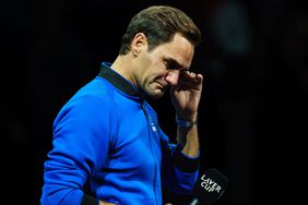 LONDON, ENGLAND - SEPTEMBER 23: Roger Federer of Switzerland waves goodbye to the fans after his final match and the beginning of his retirement at the Laver Cup at The O2 Arena on September 23, 2022 in London, England. (Photo by TPN/Getty Images)