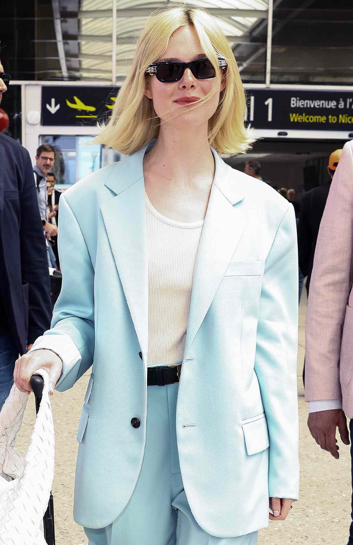 Elle Fanning is seen at Nice Airport during the 77th Cannes Film Festival on May 23, 2024 in Nice, France.
