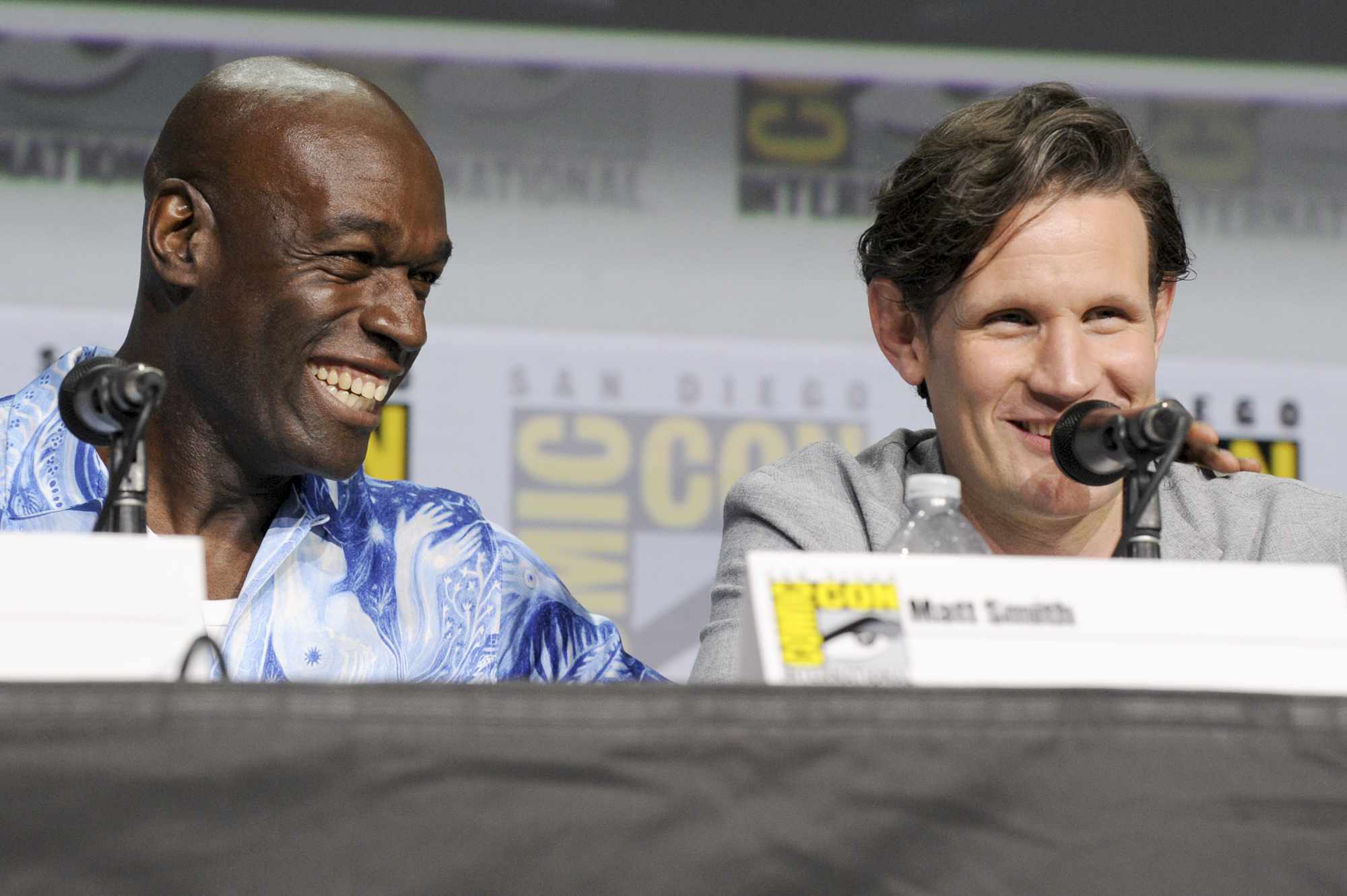 Steve Toussaint and Matt Smith speak onstage at the "House of the Dragon" panel during 2022 Comic Con International: San Diego at San Diego Convention Center on July 23, 2022 in San Diego, California.