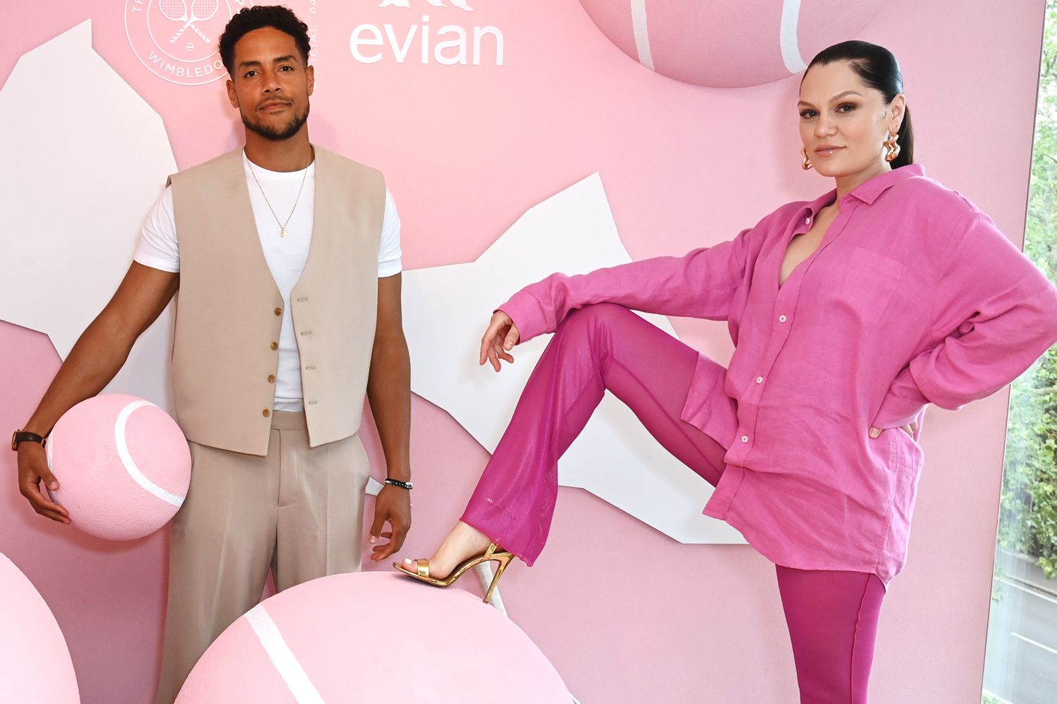 Chanan Safir Colman and Jessie J pose in the evian VIP Suite At Wimbledon