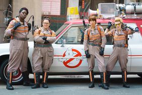 GHOSTBUSTERS, from left: Leslie Jones, Melissa McCarthy, Kristen Wiig, Kate McKinnon; background: The Ecto-1, 2016.