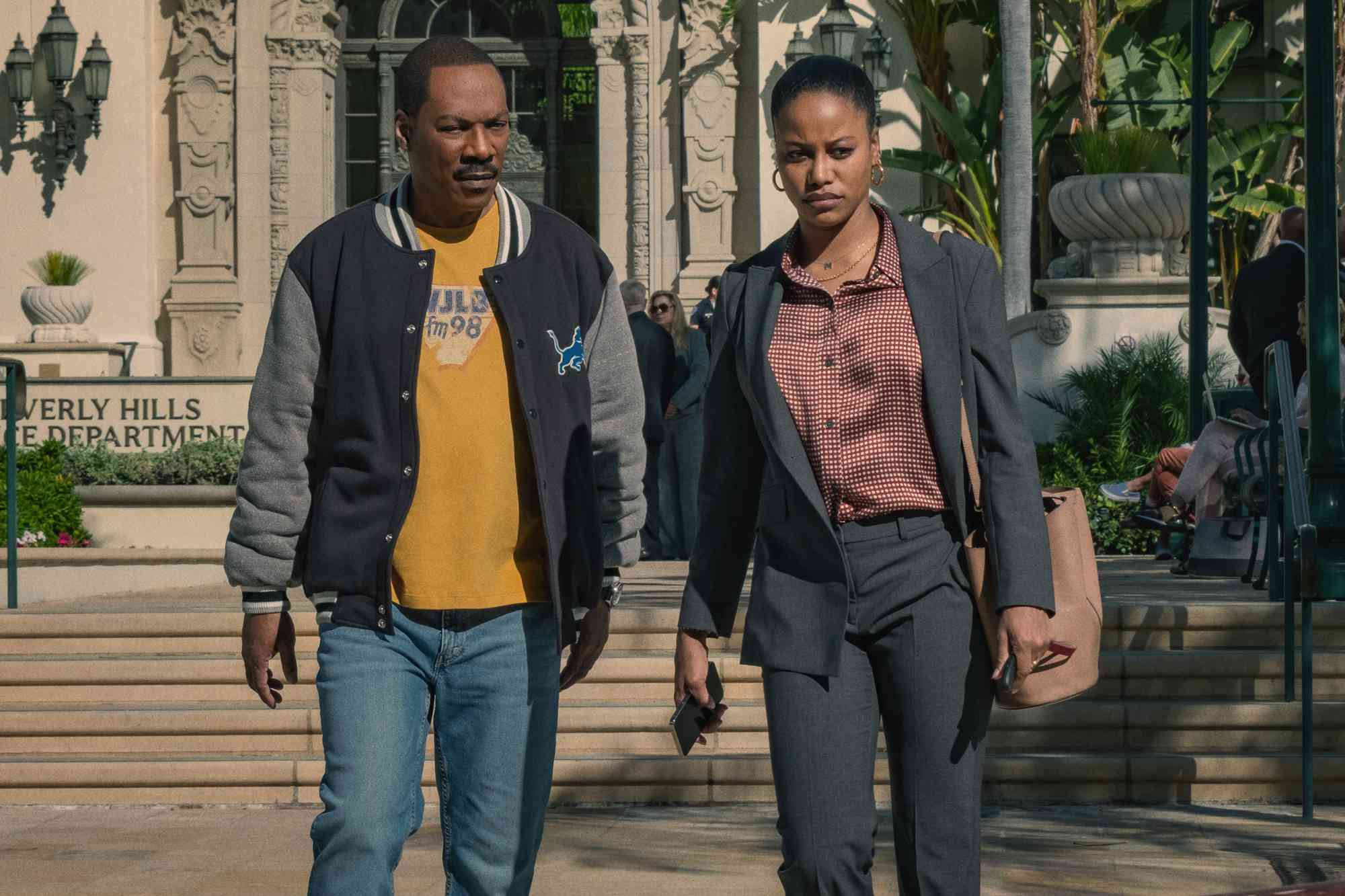 Eddie Murphy as Axel Foley and Taylour Paige as Jane Saunders in Beverly Hills Cop: Axel F.