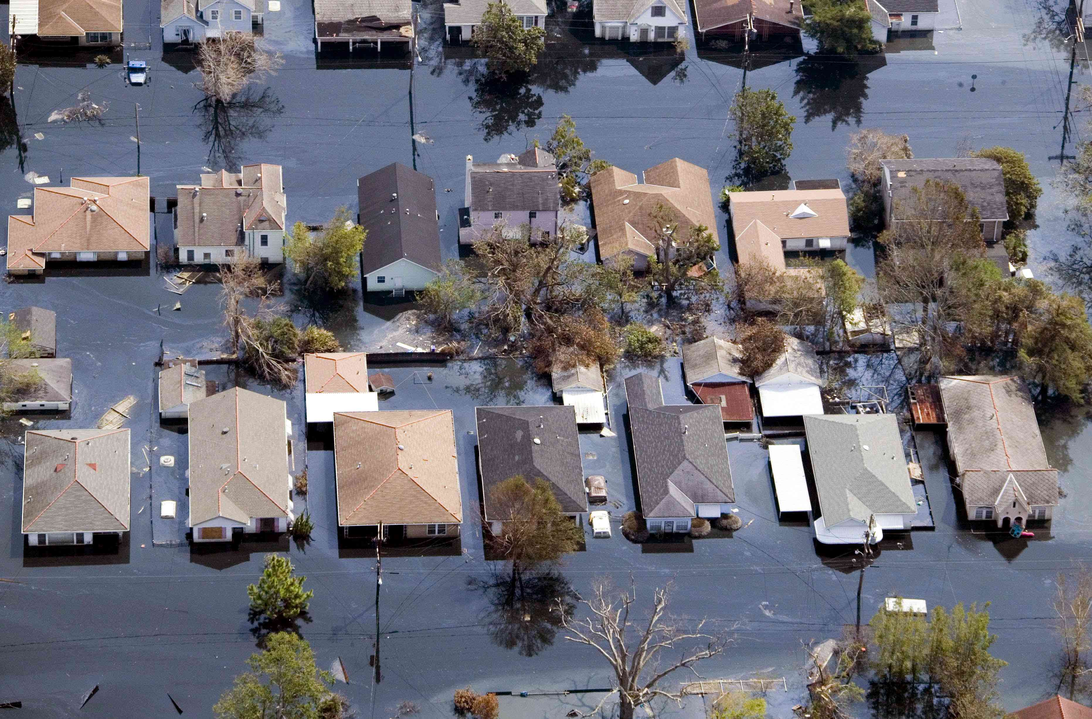 An aerial view of flooded houses in New Orleans after Hurricane Katrina.