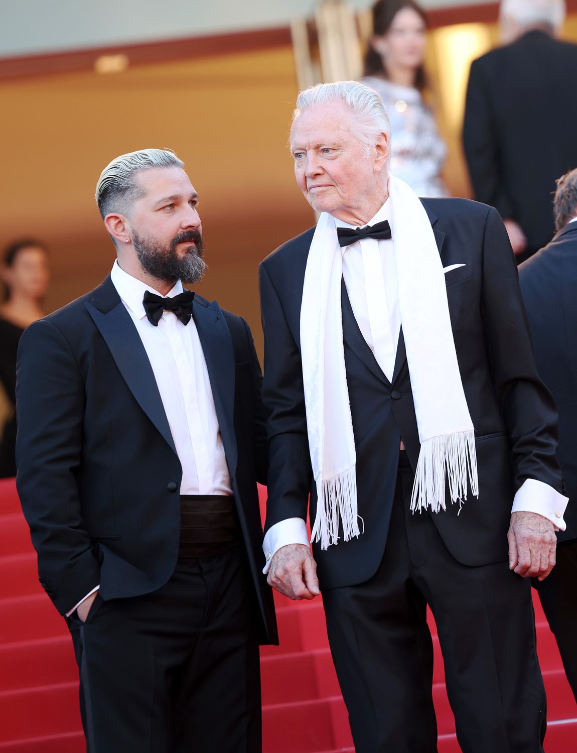 Shia LaBeouf and Jon Voight attend the "Megalopolis" Red Carpet at the 77th annual Cannes Film Festival at Palais des Festivals on May 16, 2024 in Cannes, France.