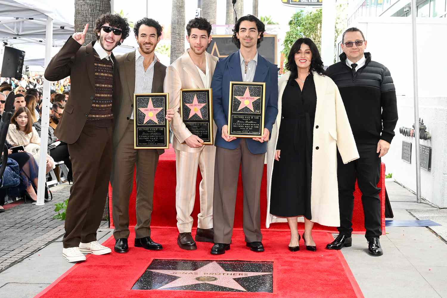 Frankie Jonas, Kevin Jonas, Nick Jonas, Joe Jonas, Denise Jonas and Paul Kevin Jonas Sr. at the star ceremony where the Jonas Brothers are honored with a star on the Hollywood Walk of Fame