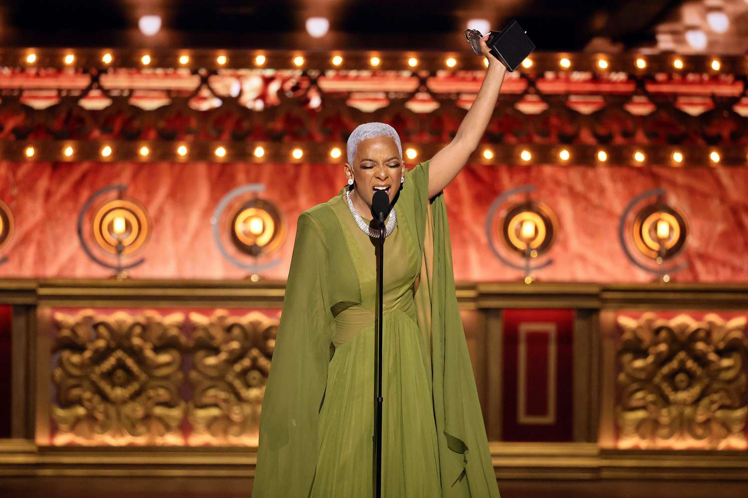  Kara Young accepts the Best Performance by an Actress in a Featured Role in a Play award for "Purlie Victorious: A Non-Confederate Romp Through the Cotton Patch" onstage during The 77th Annual Tony Awards at David H. Koch Theater at Lincoln Center on June 16, 2024 