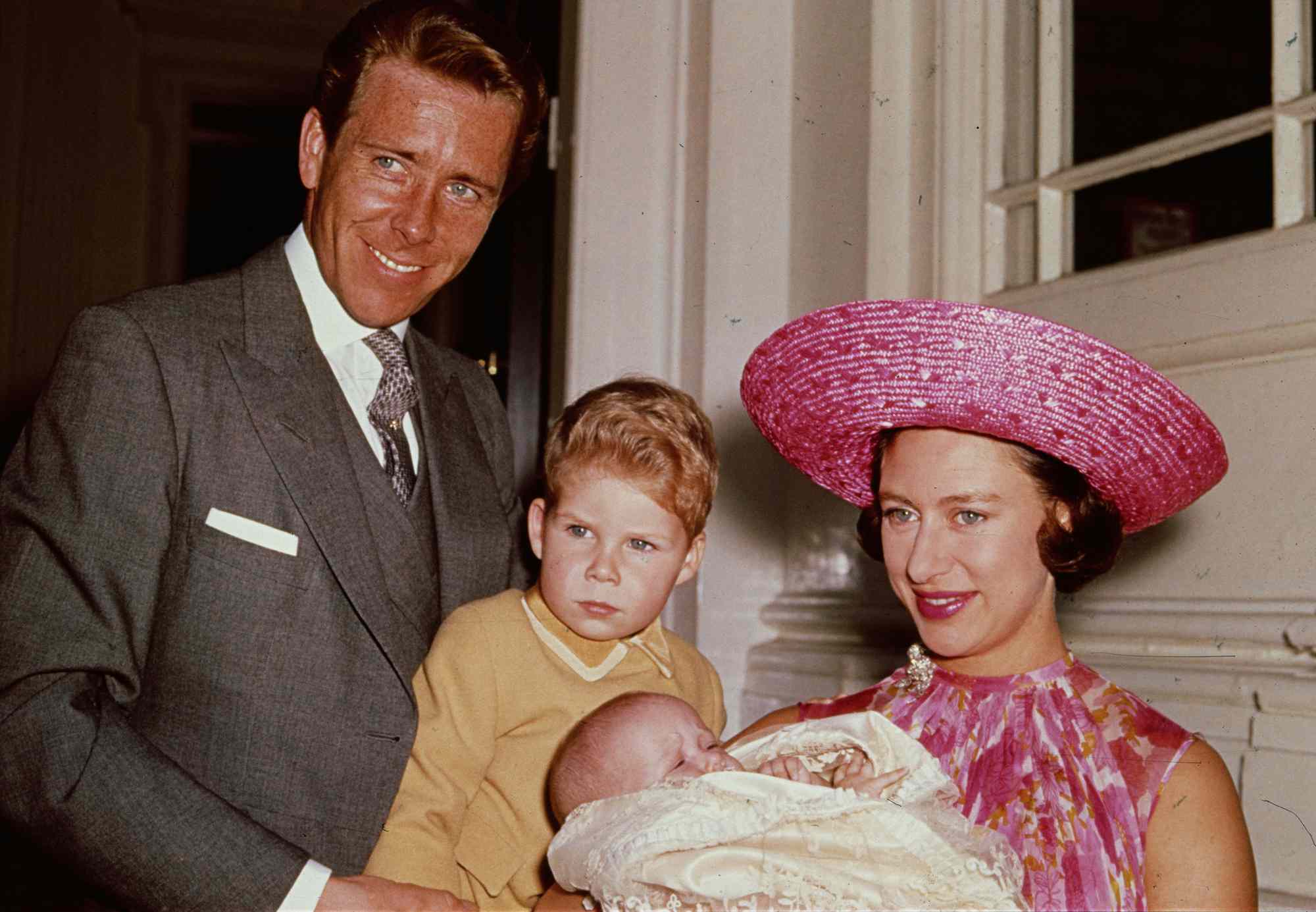 1964: Princess Margaret (1930 - 2002) with Lord Snowdon and Viscount Linley at Kensington Palace shortly after the birth of her daughter, Lady Sarah Armstrong-Jones