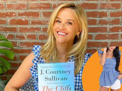 Reese Witherspoon shares her latest book club pick in blue and white gingham blouse