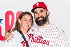 Philadelphia Eagles stars and recently retired players Jason Kelce and Fletcher Cox throw out the ceremonial first pitches at the Atlanta Braves vs Philadelphia Phillies at Citizens Bank Park on March 30, 2024 in Philadelphia, Pennsylvania, USA. Jason Kelce's wife Kylie Kelce and Fletcher Cox's girlfriend Kaycee Marchetti also attended the game.